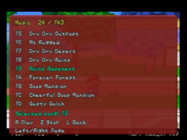 The Music browser over Toad Town, listing songs 15 to 1D by name with Ruins Basement selected
